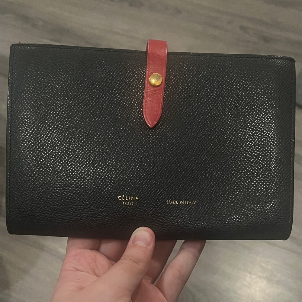 Celine Large Bifold black Wallet with Red Strap RARE EUC